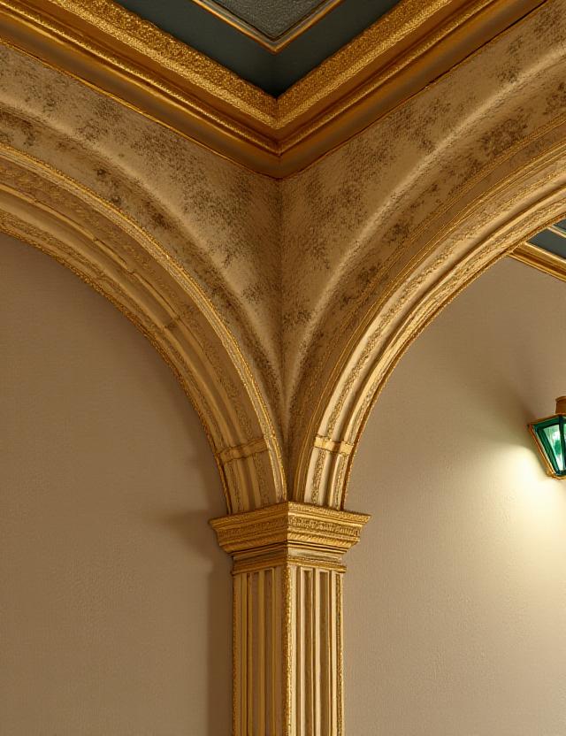 Detalle de molduras doradas estilo art deco en el techo de la cafetería